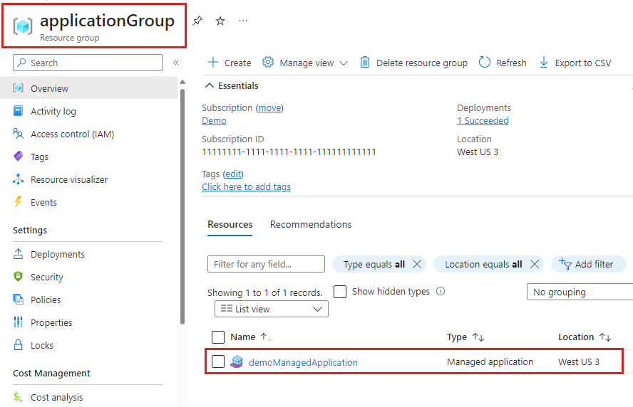 Screenshot that shows the resource group that contains the managed application.