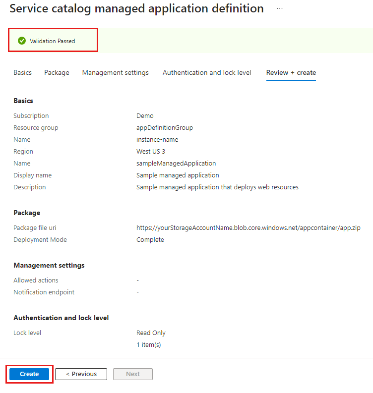 Screenshot of portal that shows validation passed for the managed application definition.