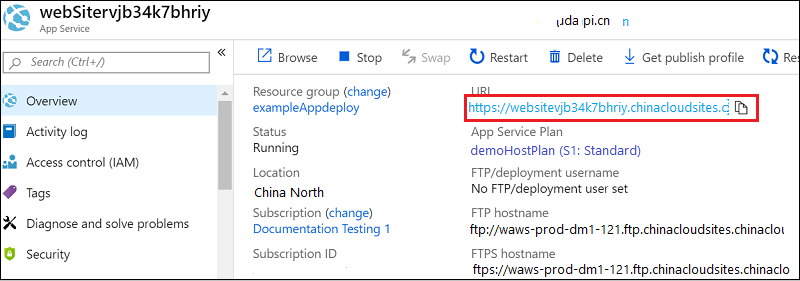 Screenshot of the Azure portal displaying the web app resource with the URL highlighted.