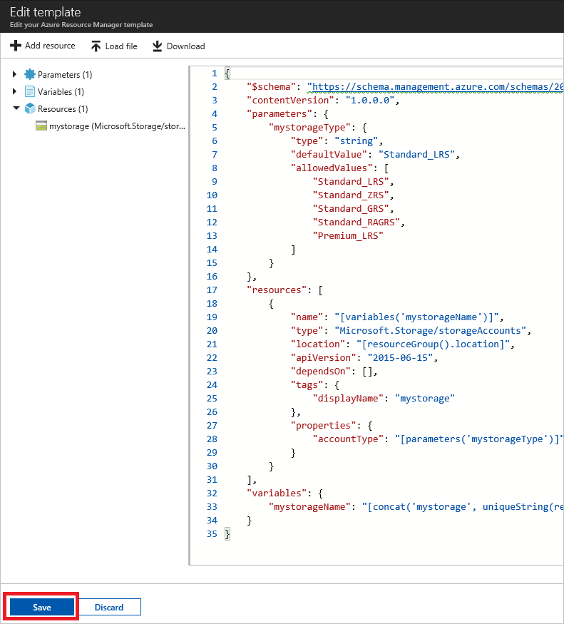 Screenshot of editing a JSON template in Azure portal