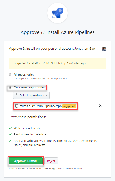 Screenshot of selecting repositories for Azure Resource Manager Azure DevOps Azure Pipelines.