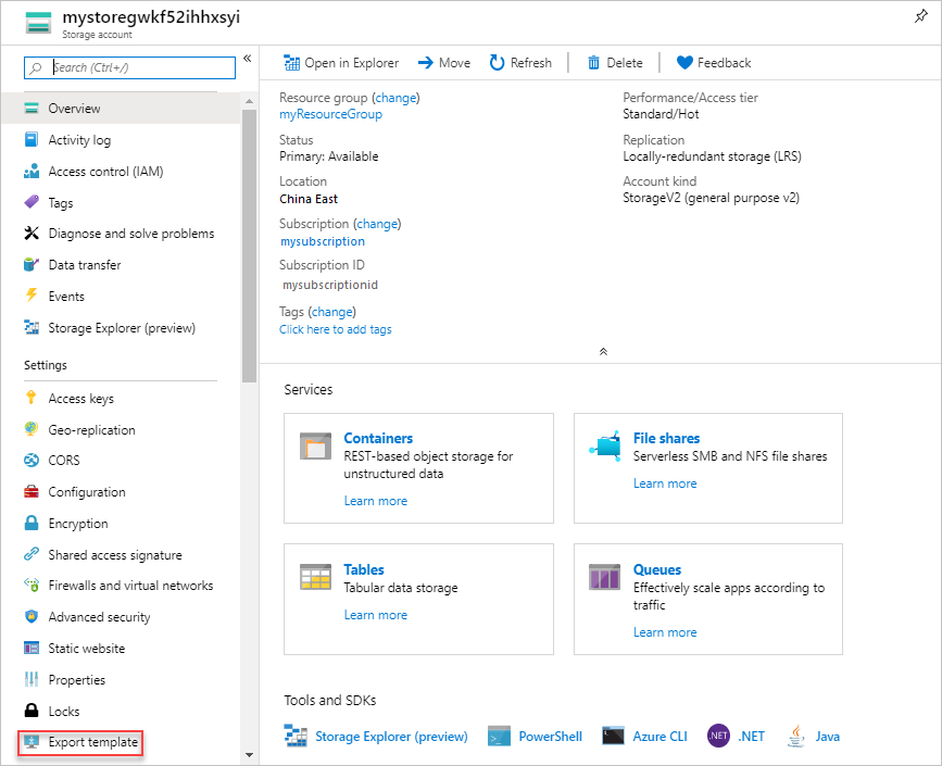 Screenshot of exporting a single resource in Azure portal.