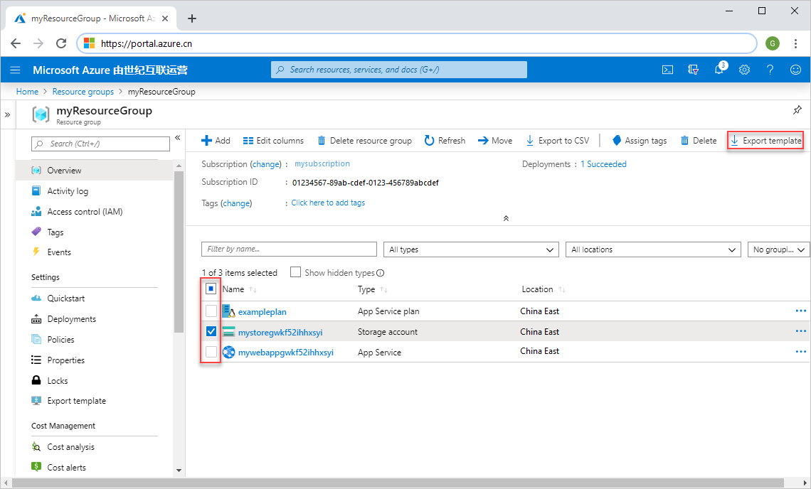 Screenshot of selecting all resources for export in Azure portal.