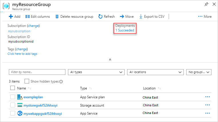 Screenshot of selecting deployment history in Azure portal.