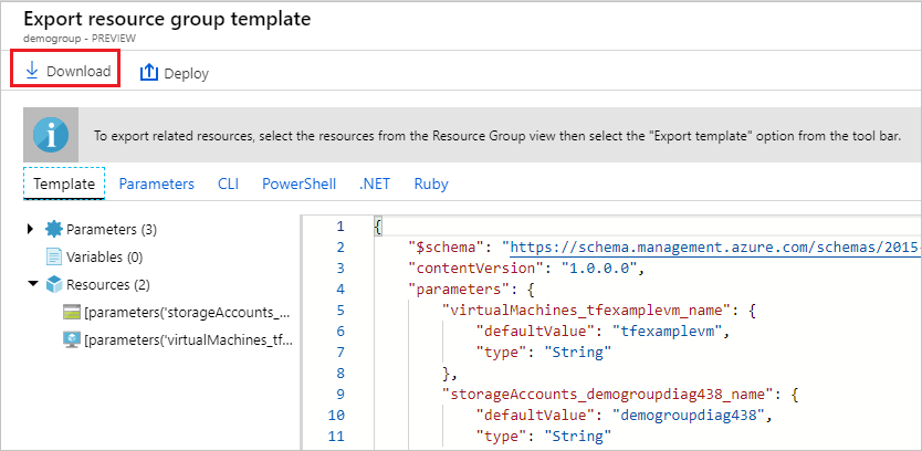 Screenshot of the displayed exported template in Azure portal.