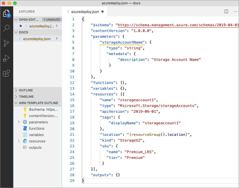 Screenshot showing the completed parameter in an ARM template.