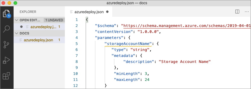 Screenshot showing minLength and maxLength being added to an ARM template parameter.