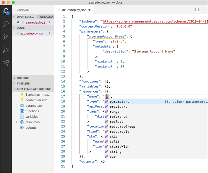 Screenshot showing auto-completion when using parameters in ARM template resources.