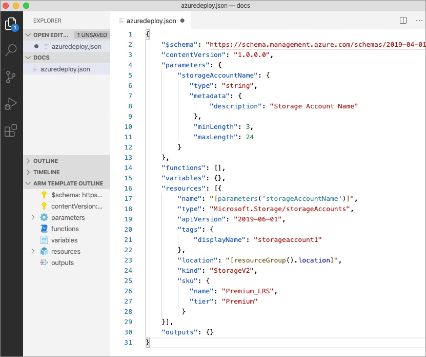 Screenshot showing completed parameter in an ARM template resource.