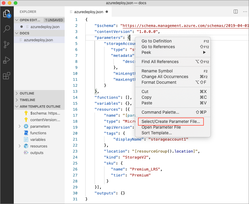 Screenshot showing the right-click process for creating a parameter file from an ARM template.