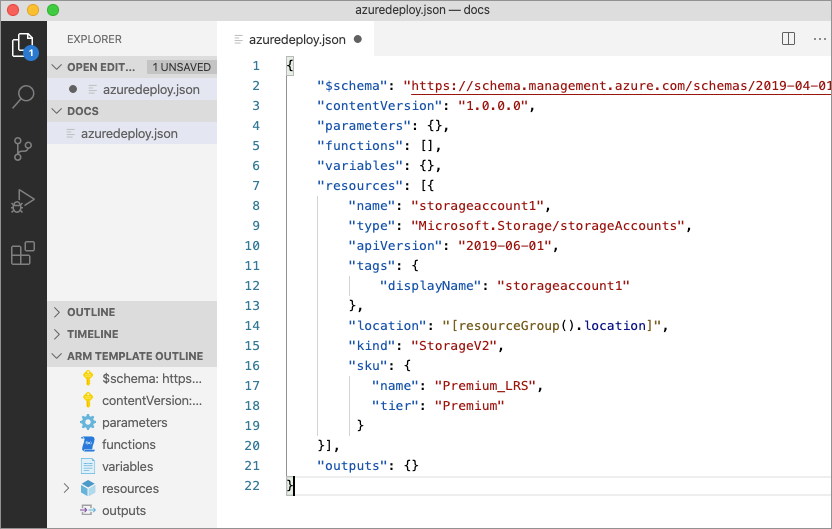 Screenshot showing an Azure Storage resource in an ARM template.