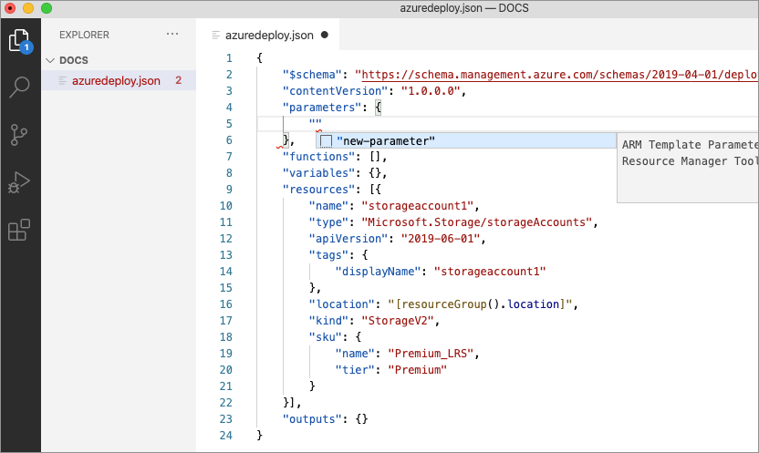 Screenshot showing a parameter being added to the ARM template.