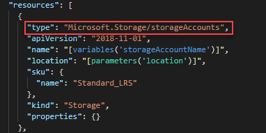 Screenshot of Visual Studio Code showing the storage account definition in an ARM template.