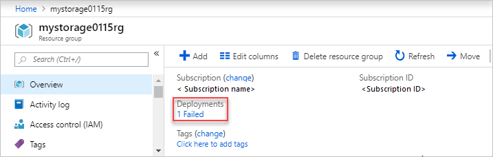Screenshot that highlights the failed deployment.