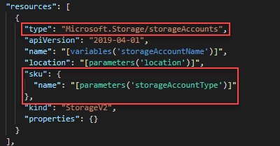 Resource Manager template storage account definition