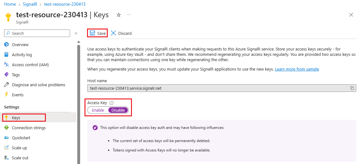 Screenshot of selections for disabling local authentication in the Azure portal.