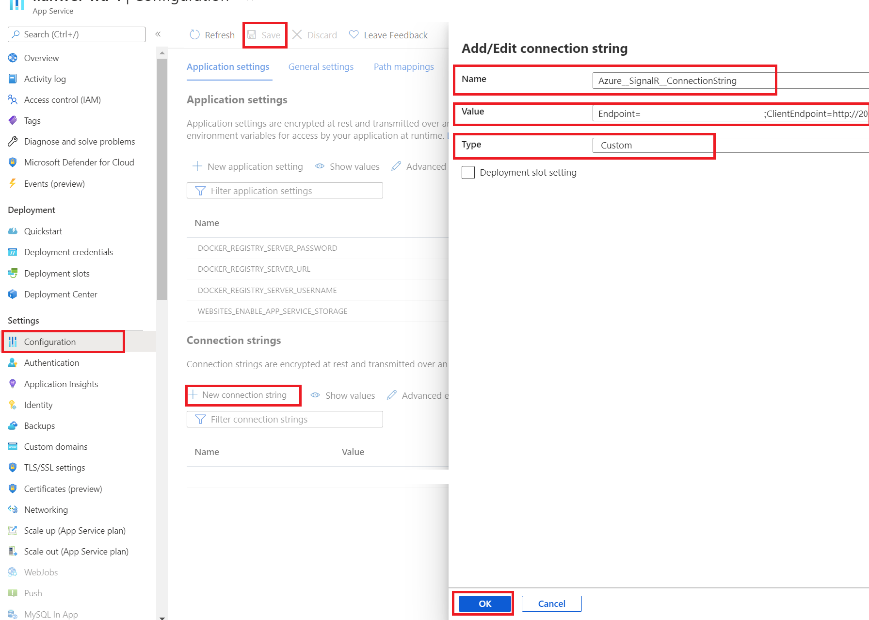 Screenshot of configuring web app connection string.