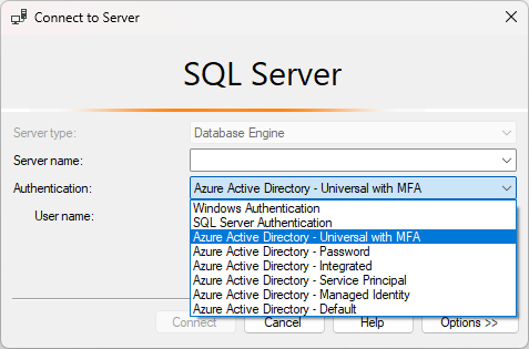 Screenshot of the Connect to Server dialog in SSMS. 'Microsoft Entra MFA' is selected from the authentication dropdown list window.