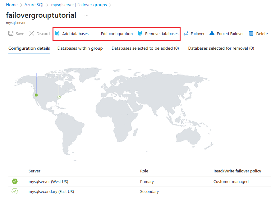 Screenshot of the failover group page in the Azure portal with the command bar highlighted.