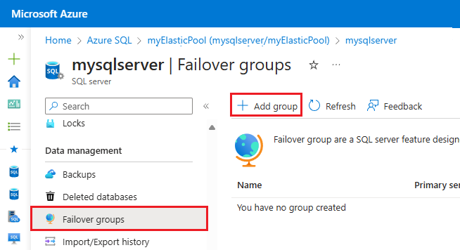 Screenshot of the failover groups page in the Azure portal.