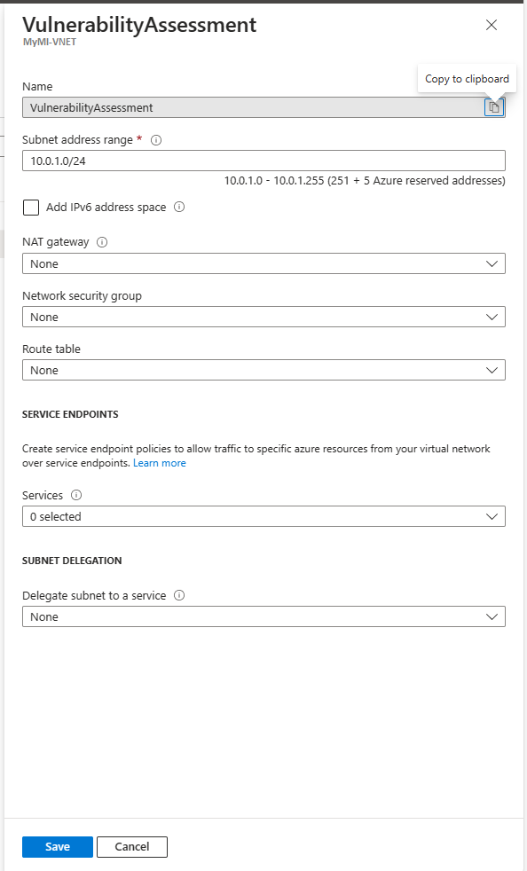 Screenshot shows a subnet called VA and its settings.