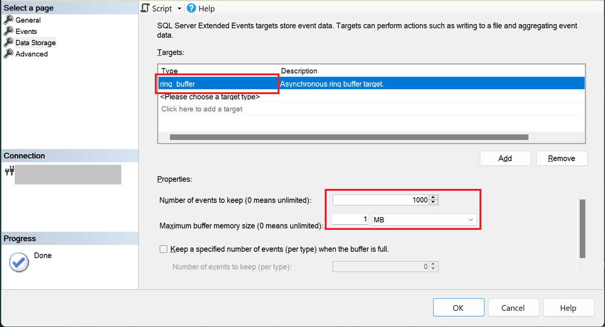 Screenshot of the New Session SSMS dialog showing the data storage selection page with a ring_buffer target selected.