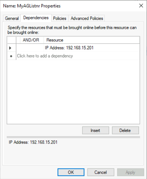 Screenshot of the Dependencies tab that shows an IP resource for an availability group.