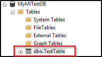 Screenshot from Object Explorer in S S M S showing the folder structure for Tables in MyMITestDB. The dbo.TestTable folder is highlighted.