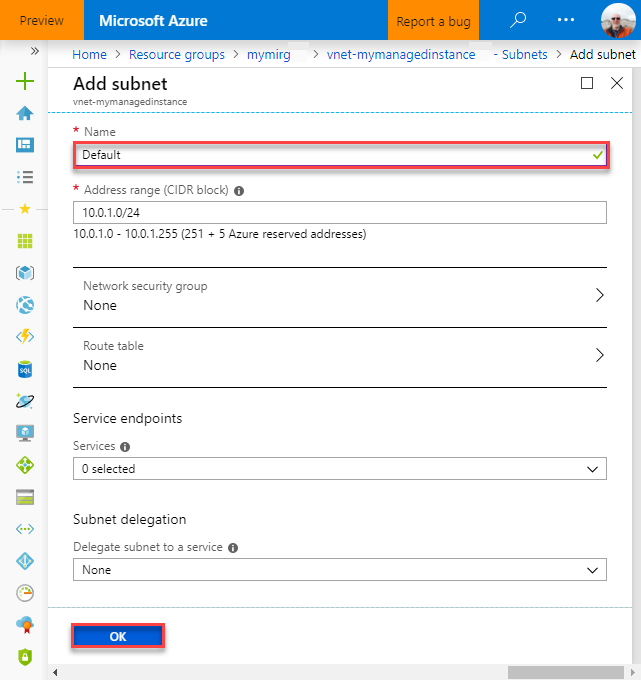 New SQL Managed Instance subnet for client VM