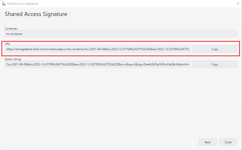 Screenshot that shows an example of the URI version of a SAS token.