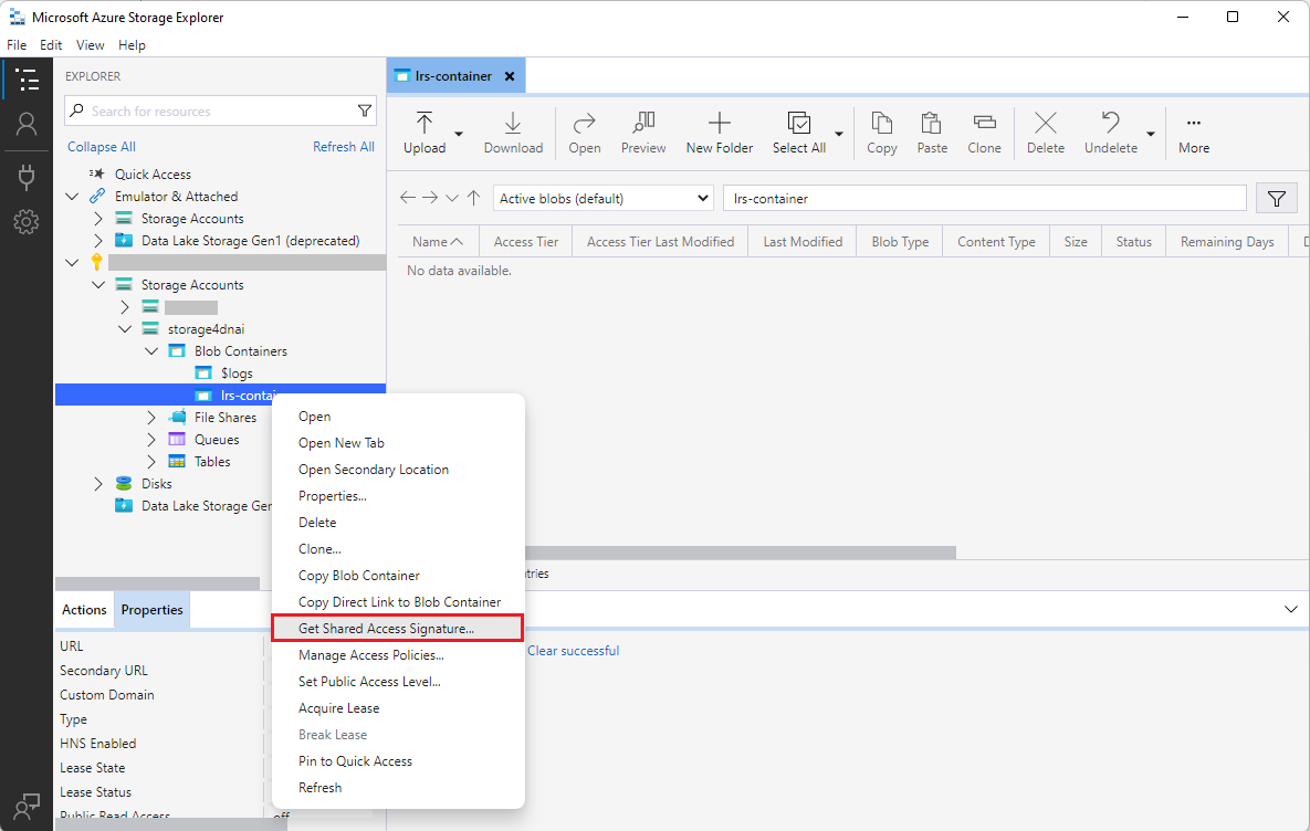 Screenshot that shows selections for generating a SAS authentication token.