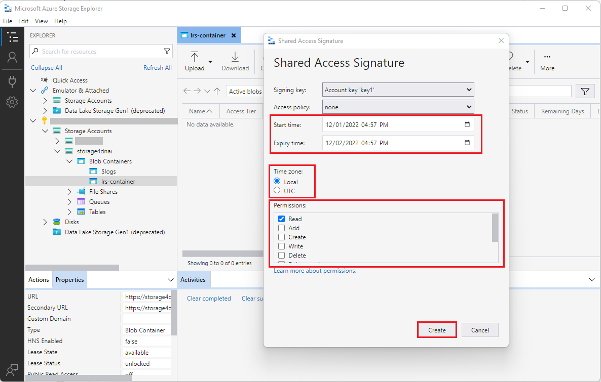 Screenshot that shows selections for SAS token expiration, time zone, and permissions, along with the Create button.