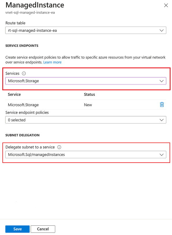 Screenshot of the SQL managed instance Subnet configuration page of the Azure portal.