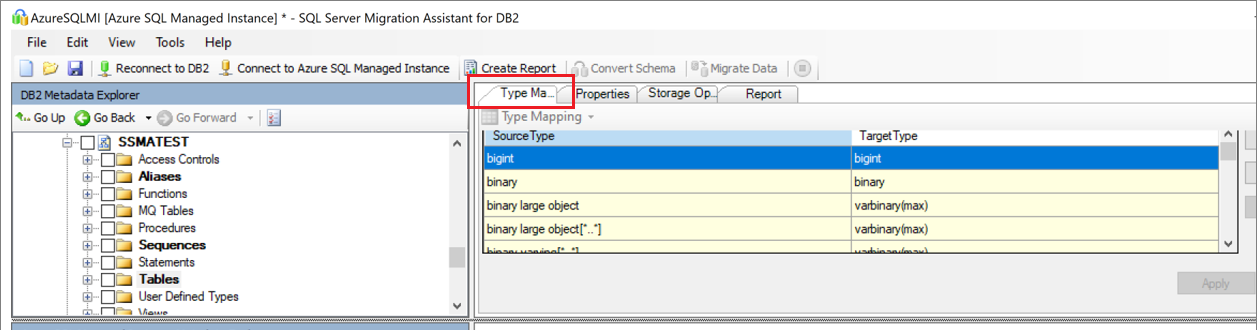 Screenshot that shows selecting the schema and type mapping.