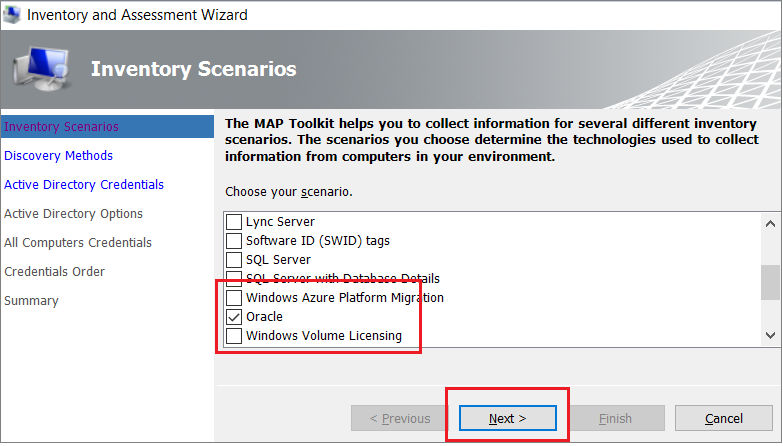 Screenshot that shows the Inventory Scenarios page of the Inventory and Assessment Wizard.