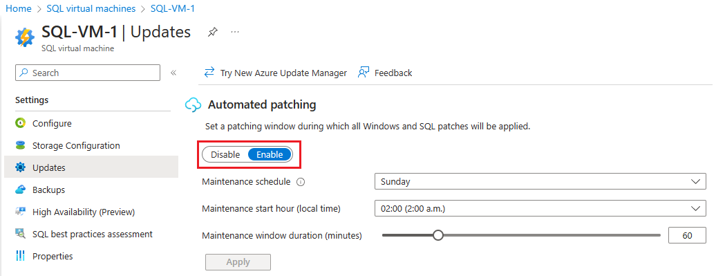 Screenshot of SQL Automatic Patching for existing VMs.