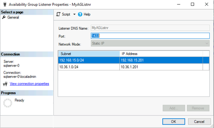 Screenshot of the Availability Group Listener Properties window in SSMS, showing both IP addresses being used for the listener.