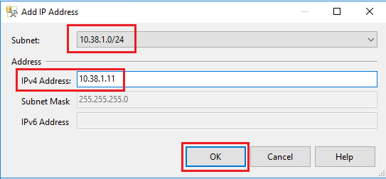 Choose the first subnet (such as 10.38.1.0/24) from the drop-down on the Add IP address dialog box and, and then provide the secondary dedicated listener IPv4 address, such as 10.38.1.11