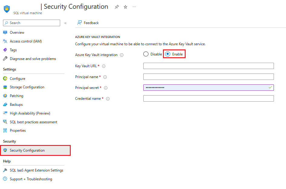 Screenshot of an existing SQL Server on Azure VM Key Vault integration settings in the Azure portal.