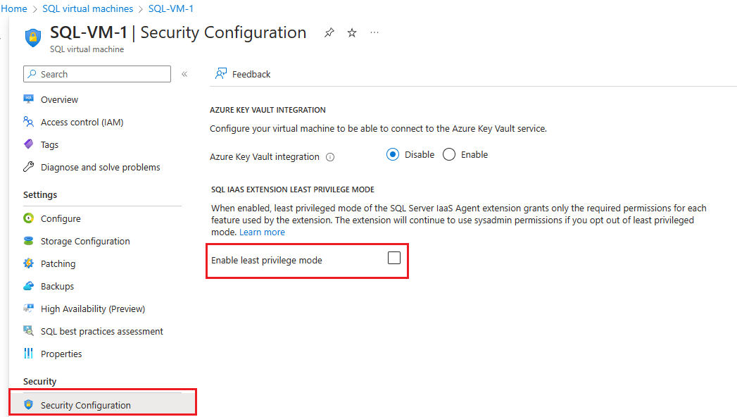 Screenshot of the Azure portal SQL virtual machines resource, Security Configuration page, enable least privilege highlighted.