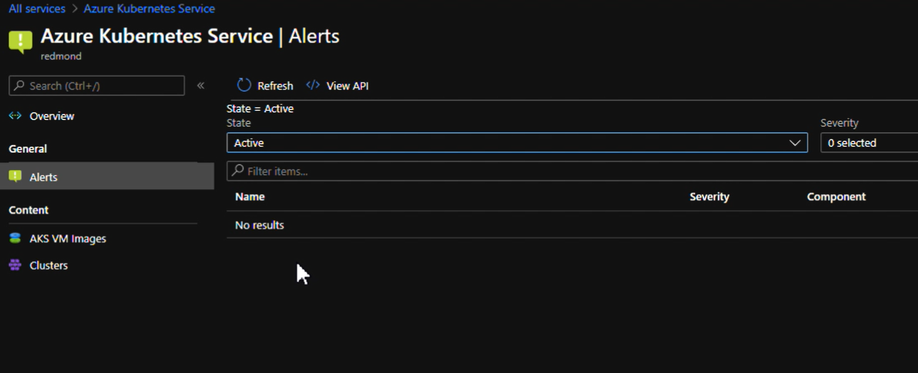 Screenshot of portal showing AKS - Alerts.