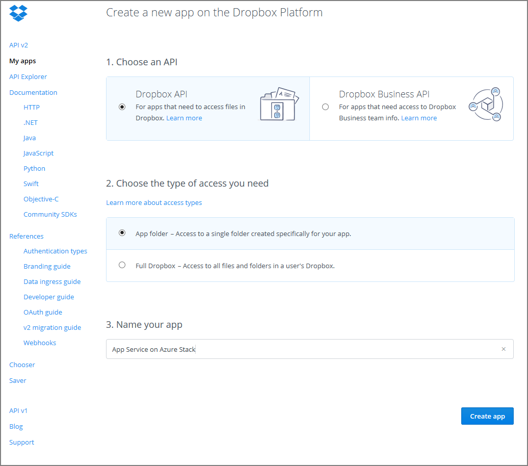 Dropbox application registration