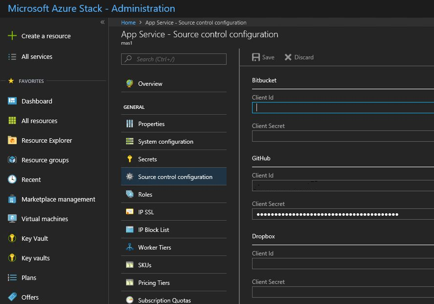 App Service resource provider admin source control configuration