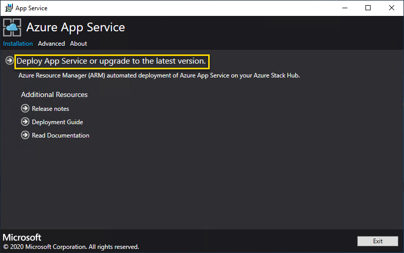 Screenshot showing the main screen of the Azure App Service installer.