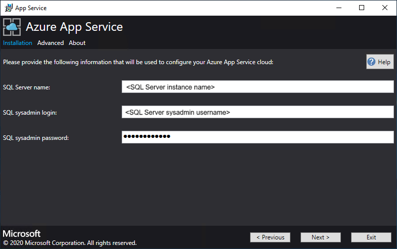 Screenshot that shows the screen where you provide the connection details for SQL Server in the App Service Installer