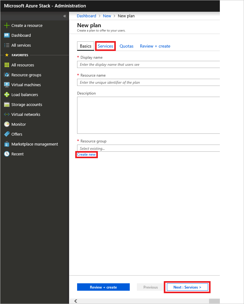 Screenshot that shows how to specify the resource group for new plan in Azure Stack Hub.