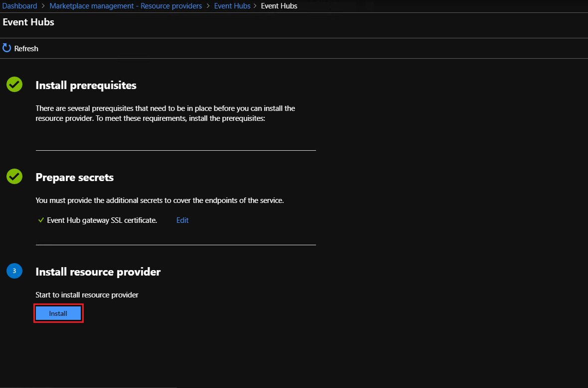Marketplace management event hubs - start RP install