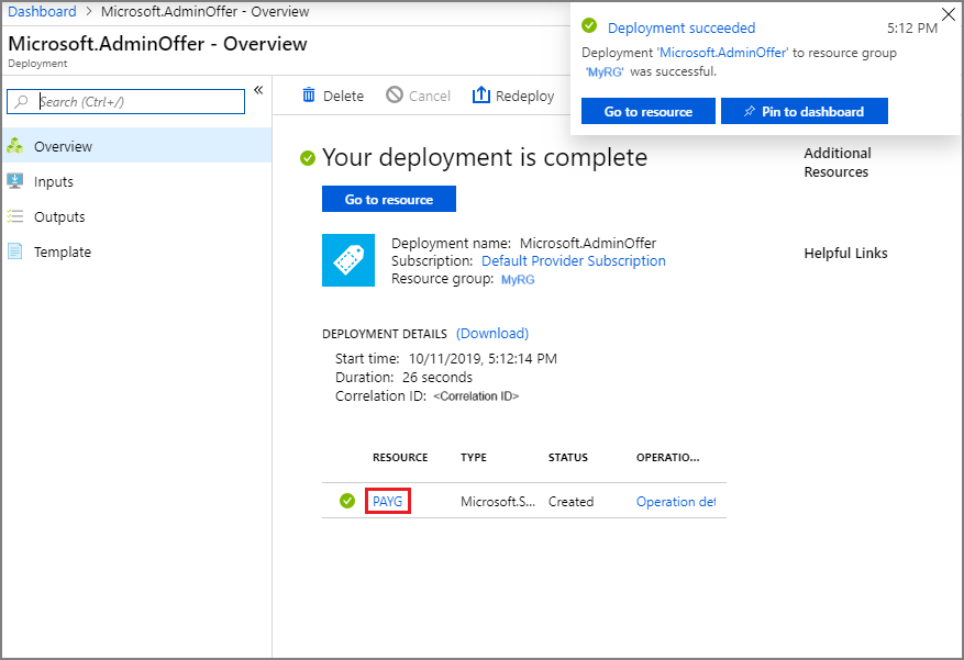 Offer deployment complete in Azure Stack Hub administration portal