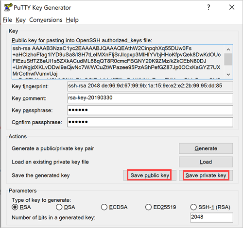 PuTTY Key Generator with a populated Key box