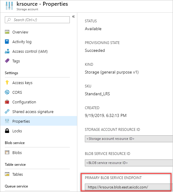 Screenshot that shows the primary blob endpoint for the source and target storage accounts.